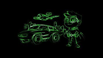 Neon frame effect, Superhero with a Fun Vehicle on black background video