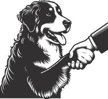 A black and white drawing of a dog shaking hands with a man vector