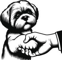 A black and white drawing of a dog shaking hands with a hand vector