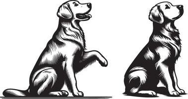 Two black and white illustrations of a dog sitting and standing vector