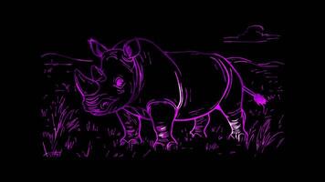 Neon frame effect, Happy Rhino in the Grass on black background video