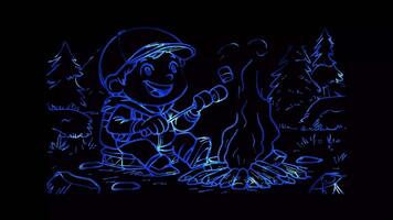 Neon frame effect,Smiling Camper with Marshmallows on black background video