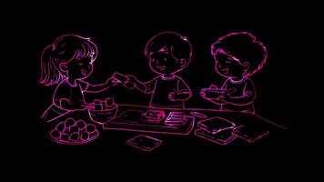 Neon frame effect,Kids making mores with graham crackers on black background video