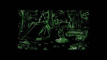 Neon frame effect, tent set up in the woods on black background video