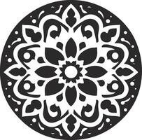 A black and white circular design with a flower vector