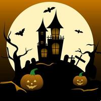 Halloween background in flat design with a haunted house stands ominously under the full moon and pumpkin and bats flying in scene vector