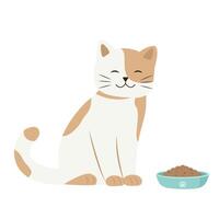 Cute cat sitting near a bowl of food.Feeding pet with kibble or wet food. vector