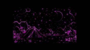 Neon frame effect, tent under a night sky filled with twinkling stars on black background video