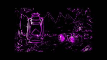Neon frame effect, Adorable Lantern and Camp Gear on black background video