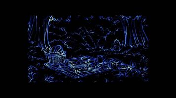 Neon frame effect, picnic setup with a blanket, basket, and various camping snacks in the forest on black background video