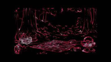 Neon frame effect, picnic setup with a blanket, basket, and various camping snacks in the forest on black background video