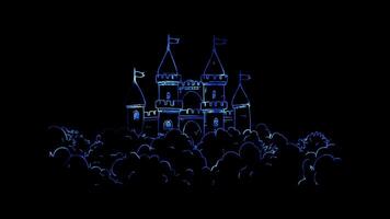 Neon frame effect, whimsical castle with towers and flags floating on black background video