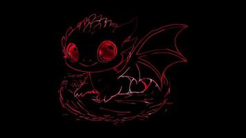 Neon frame effect, dragon with big eyes and tiny wings, sitting in a cozy nest on black background video