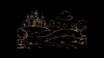 Neon frame effect, whimsical castle with towers and flags floating on black background video