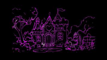 Neon frame effect, whimsical castle with towers and flags floating on black background video