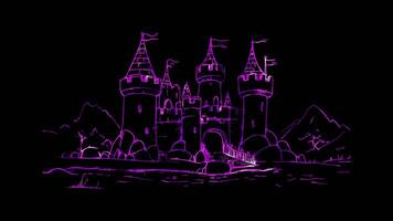 Neon frame effect, whimsical castle with towers and flags floating on black background video