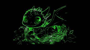 Neon frame effect, dragon with big eyes and tiny wings, sitting in a cozy nest on black background video