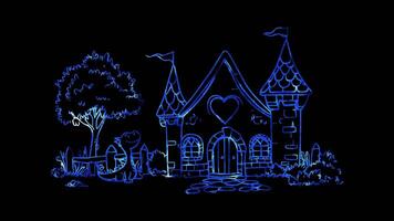 Neon frame effect, whimsical castle with towers and flags floating on black background video