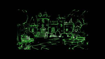 Neon frame effect, whimsical castle with towers and flags floating on black background video