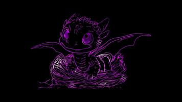 Neon frame effect, dragon with big eyes and tiny wings, sitting in a cozy nest on black background video