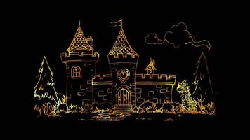 Neon frame effect, whimsical castle with towers and flags floating on black background video