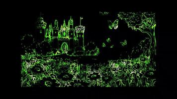 Neon frame effect, whimsical castle with towers and flags floating on black background video