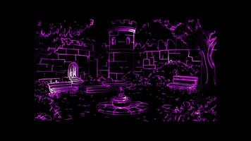 Neon frame effect, whimsical castle with towers and flags floating on black background video