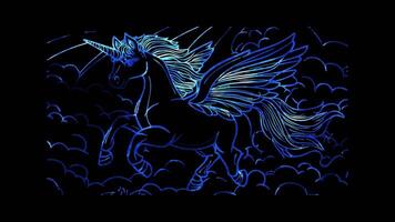 Neon frame effect, Pegasus with shimmering wings flying on black background video
