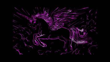 Neon frame effect, Pegasus with shimmering wings flying on black background video
