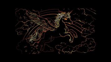Neon frame effect, Pegasus with shimmering wings flying on black background video