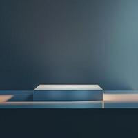 An empty white box on a table in front of a wall photo