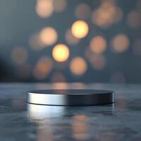 A silver object on a table with a blurred background photo