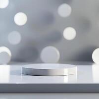 An empty white pedestal on a table with a blurred background photo