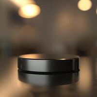A black object sitting on a table in front of a blurry background photo