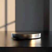 A metal object on a table in front of a window photo