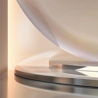 A white and silver podium with a curved surface photo