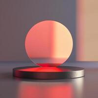 A red ball on a stand in front of a window photo