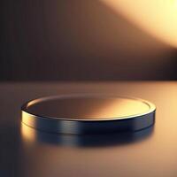 A round metal container on a table with a light shining on it photo