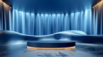 An empty room with a blue curtain and a round table photo