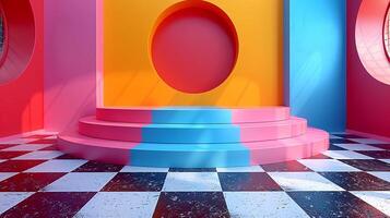 A colorful room with a checkered floor and a round window photo