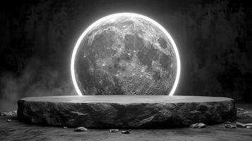 A black and white photo of a moon with a light shining on it