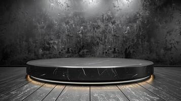 Black round table with light on it in a dark room photo