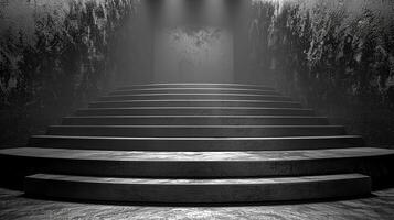 A dark room with steps leading to a light photo