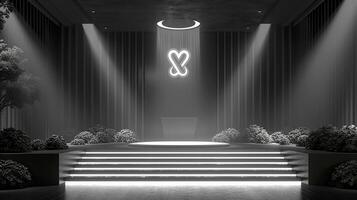 A black and white photo of a church with a light shining on it