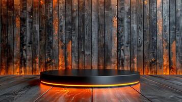 A black round table with orange lights on it photo