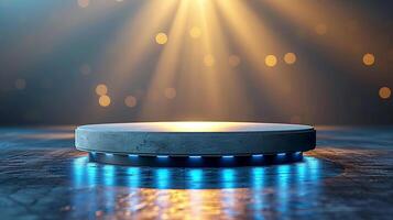 A round object on a table with lights shining photo