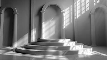 An empty room with a staircase and pillars photo