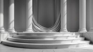 A white marble room with columns and a curtain photo
