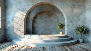 An empty room with a stone archway and potted plants photo