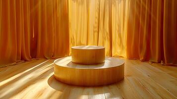 A wooden table in front of a curtain photo